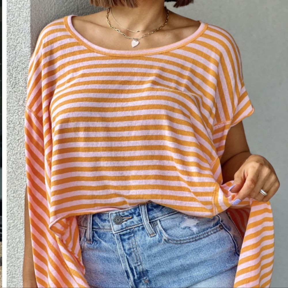 Free People We The Free "Pink Vitamin" Striped Angel Oversized Top Size M - Picture 5 of 10